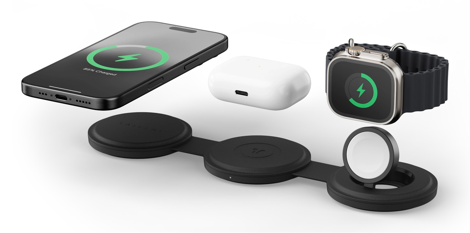 Satechi OnTheGo Caricatore da viaggio 3-in-1 Qi2 con ricarica rapida 15W per iPhone, 5W per Apple Watch e AirPods - Nero