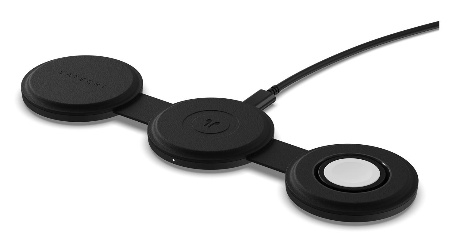 Satechi OnTheGo Caricatore da viaggio 3-in-1 Qi2 con ricarica rapida 15W per iPhone, 5W per Apple Watch e AirPods - Nero
