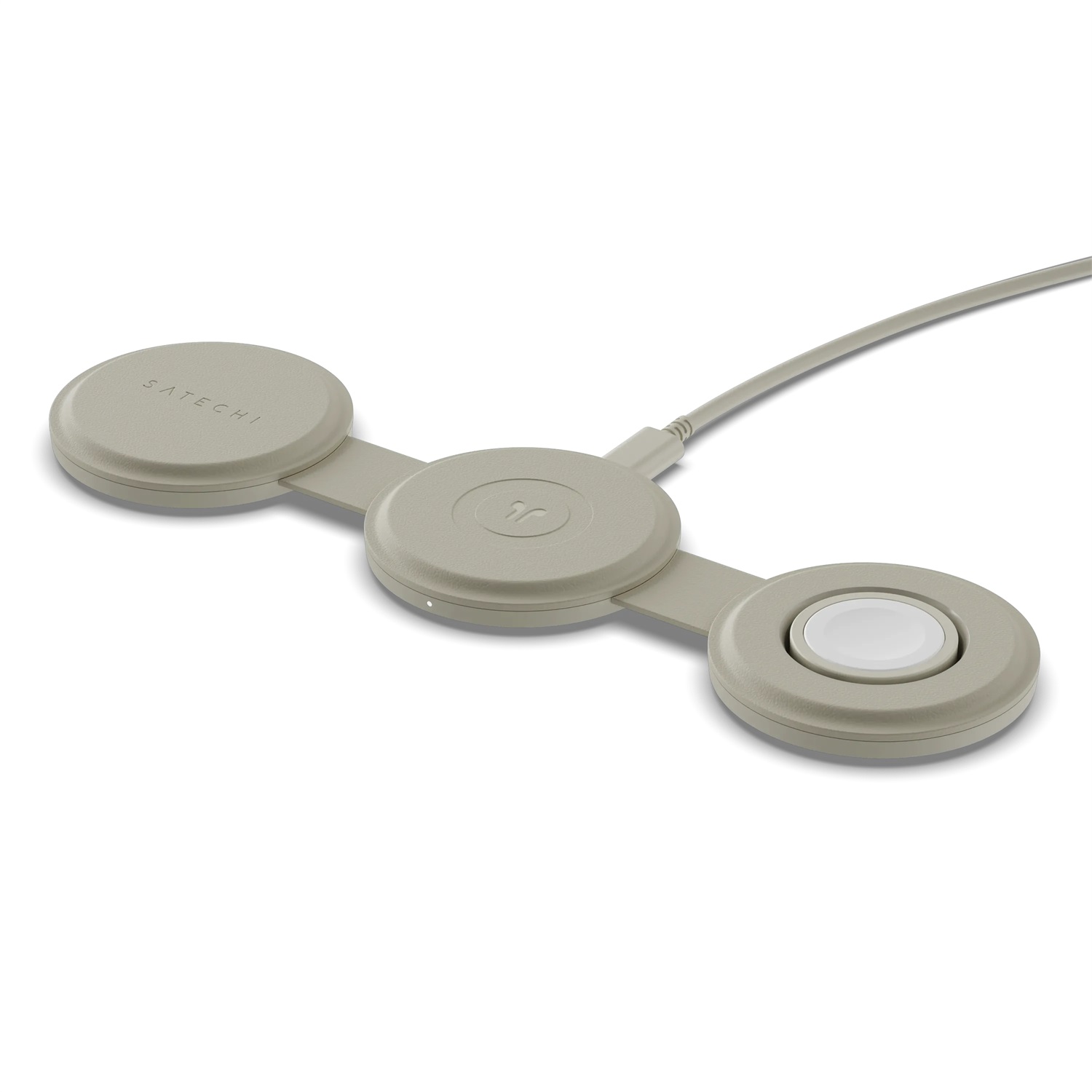 Satechi OnTheGo Caricatore da viaggio 3-in-1 Qi2 con ricarica rapida 15W per iPhone, 5W per Apple Watch e AirPods - Colore Sabbia