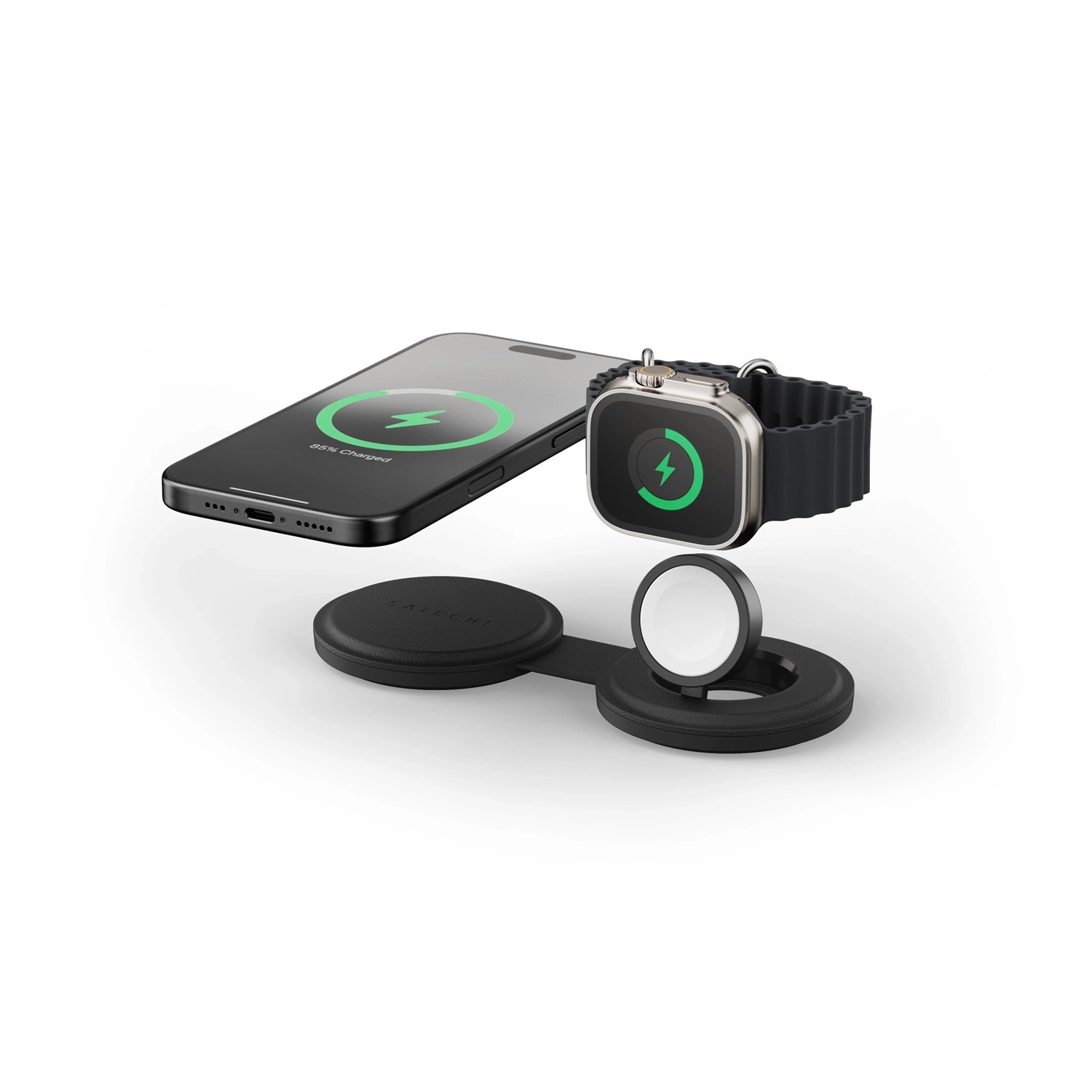 Satechi OntheGo Caricabatterie Wireless 2 in 1 - Ricarica Rapida 15W per iPhone, 5W per Apple Watch e AirPods - Compatto e Pieghevole