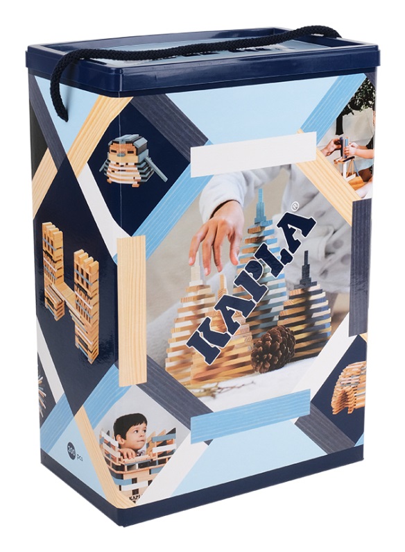 KAPLA Inverno Barrel - Set di costruzioni in legno di pino marittimo, 200 assi colorate (naturale, blu, azzurro, bianco), per bambini da 2 anni