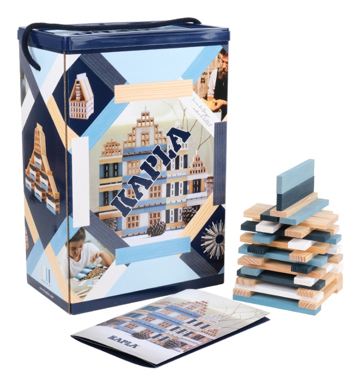 KAPLA Inverno Barrel - Set di costruzioni in legno di pino marittimo, 200 assi colorate (naturale, blu, azzurro, bianco), per bambini da 2 anni