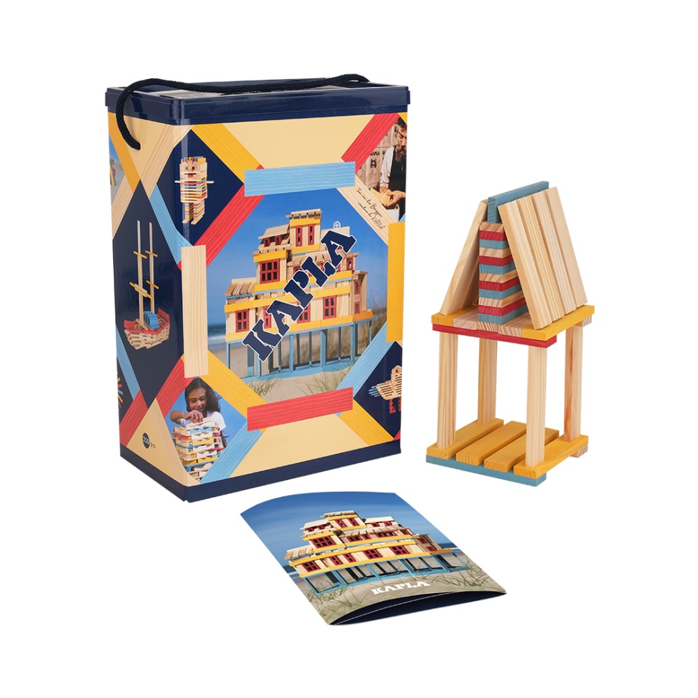 KAPLA - Baril Estival 200 piastre colorate in legno con libro di costruzione, gioco di costruzione per bambini fino a 2 anni