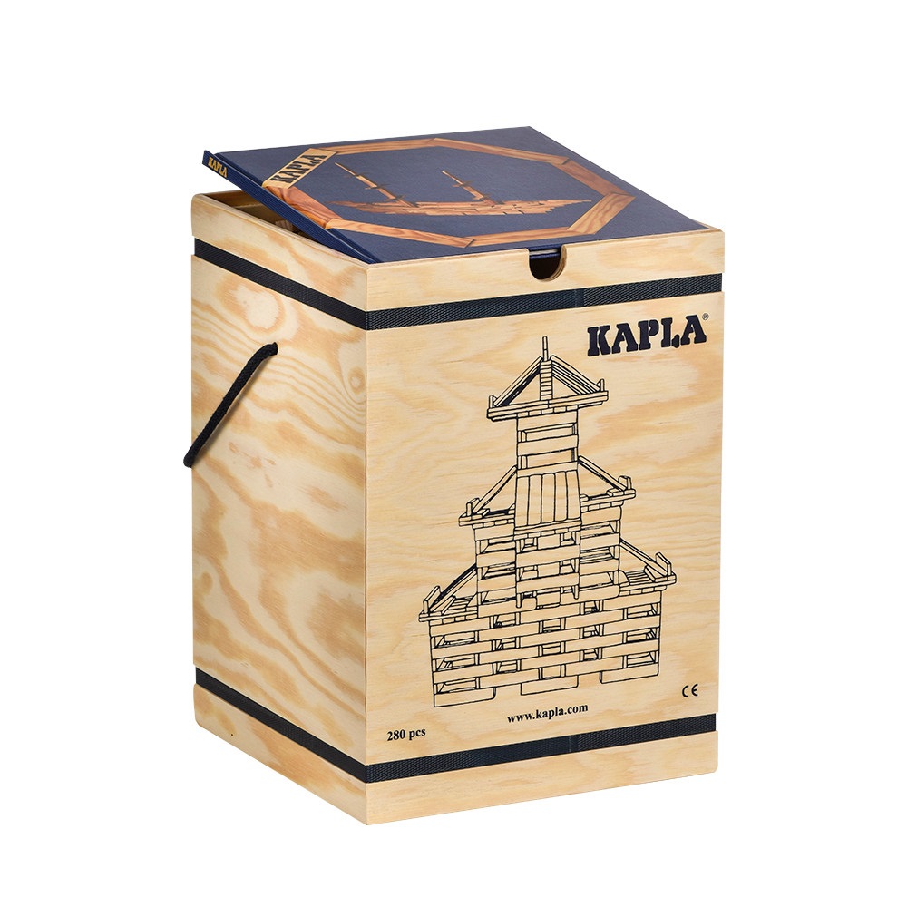KAPLA - Scatola da 280 pezzi in legno di pino con libro d'arte blu, gioco di costruzione per bambini da 2 anni