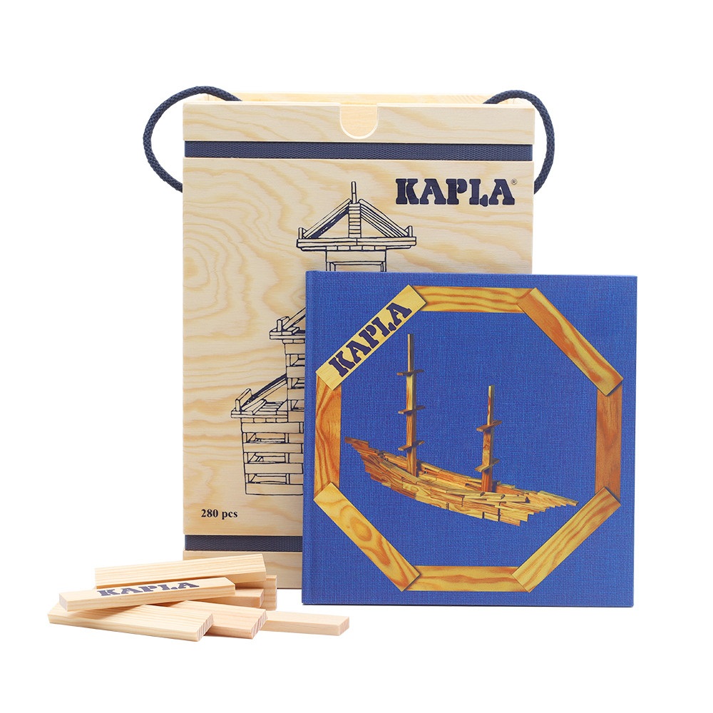 KAPLA - Scatola da 280 pezzi in legno di pino con libro d'arte blu, gioco di costruzione per bambini da 2 anni
