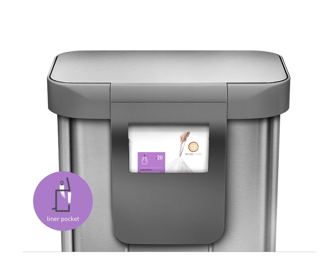 simplehuman CW2023 Cestino Rettangolare da Cucina 55L in Acciaio Inox con Pedale e Porta Sacchetti