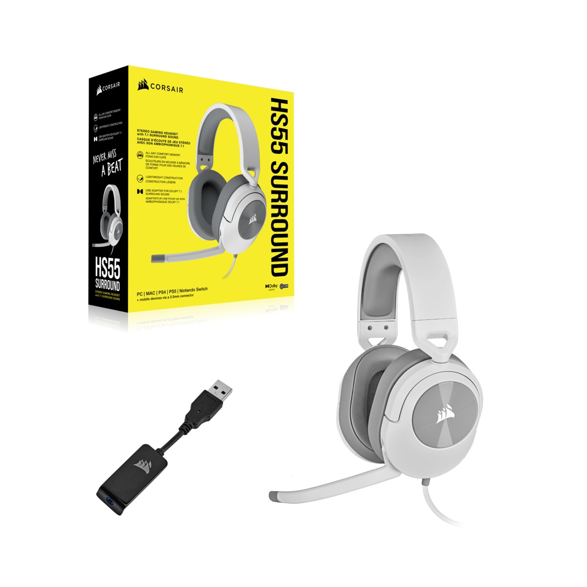 Corsair HS55 Surround Cuffie da Gioco Cablate Bianco - Dolby 7.1, Neodimio 50mm, Compatibili con PC, PS4, Xbox, Mobile