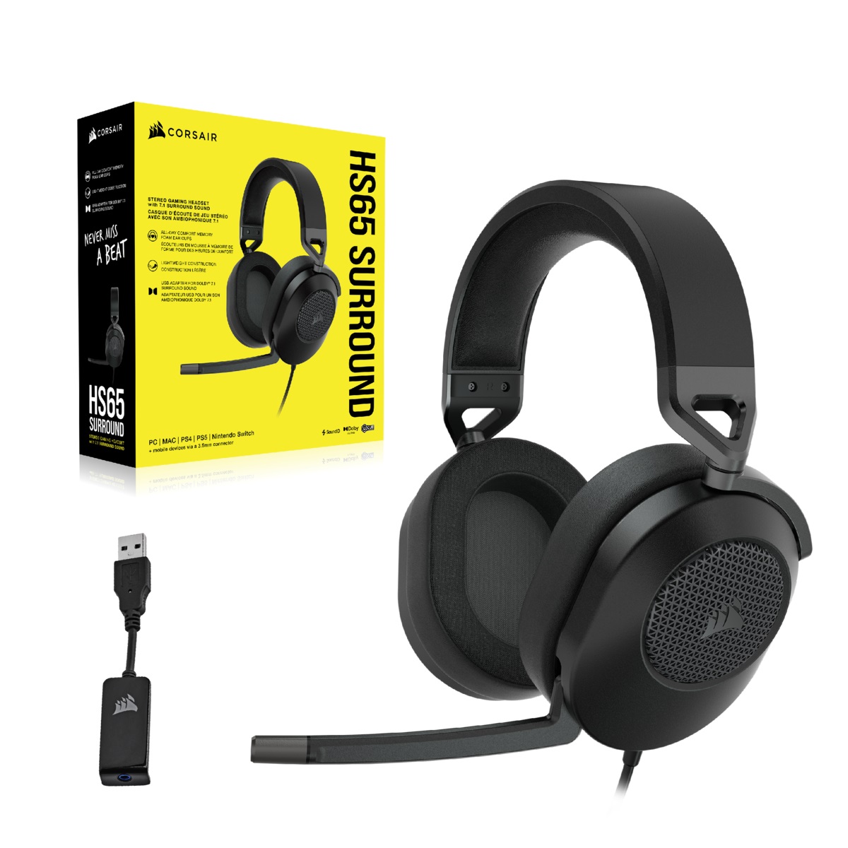 Corsair HS65 SURROUND Auricolare Cablato Gaming Carbonio con Suono Surround Dolby 7.1 e Driver da 50 mm