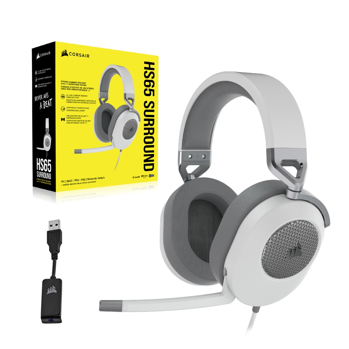 Corsair HS65 SURROUND Cuffie da Gioco Cablate Bianco - Dolby 7.1 Suono Surround, Neodimio 50mm, Compatibili con PC, Mac, PS5, PS4, Xbox, Nintendo Switch e Mobile