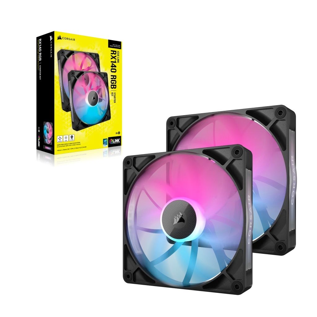 CORSAIR iCUE LINK RX140 RGB Ventole PWM 140 mm con Hub - Confezione Doppio - Nero, Velocità fino a 1700 Giri/min