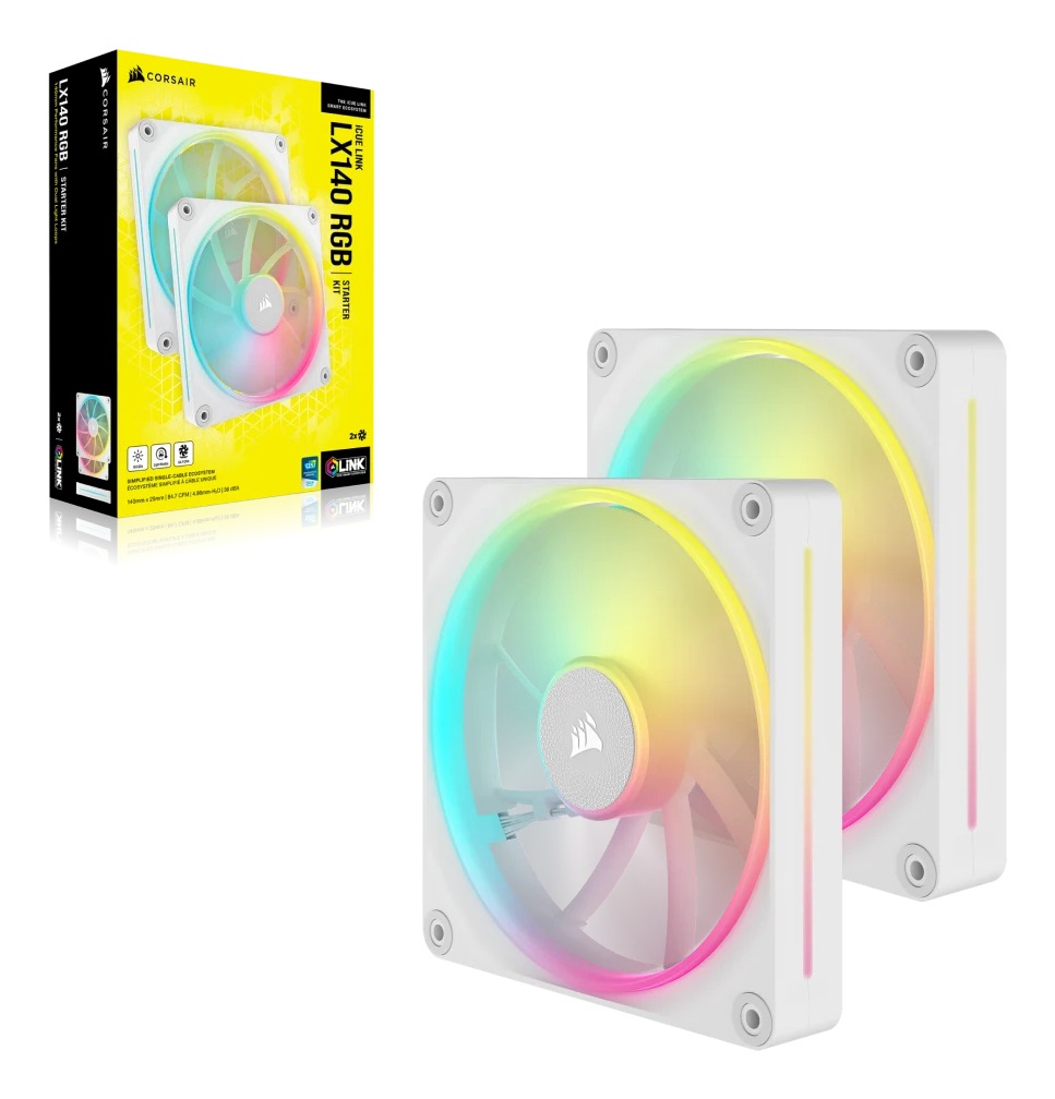 CORSAIR iCUE Link LX140 RGB Ventilatori 140mm PWM - Kit da 2 con Doppio Anello Luminoso e iCUE LINK System Hub - Bianco