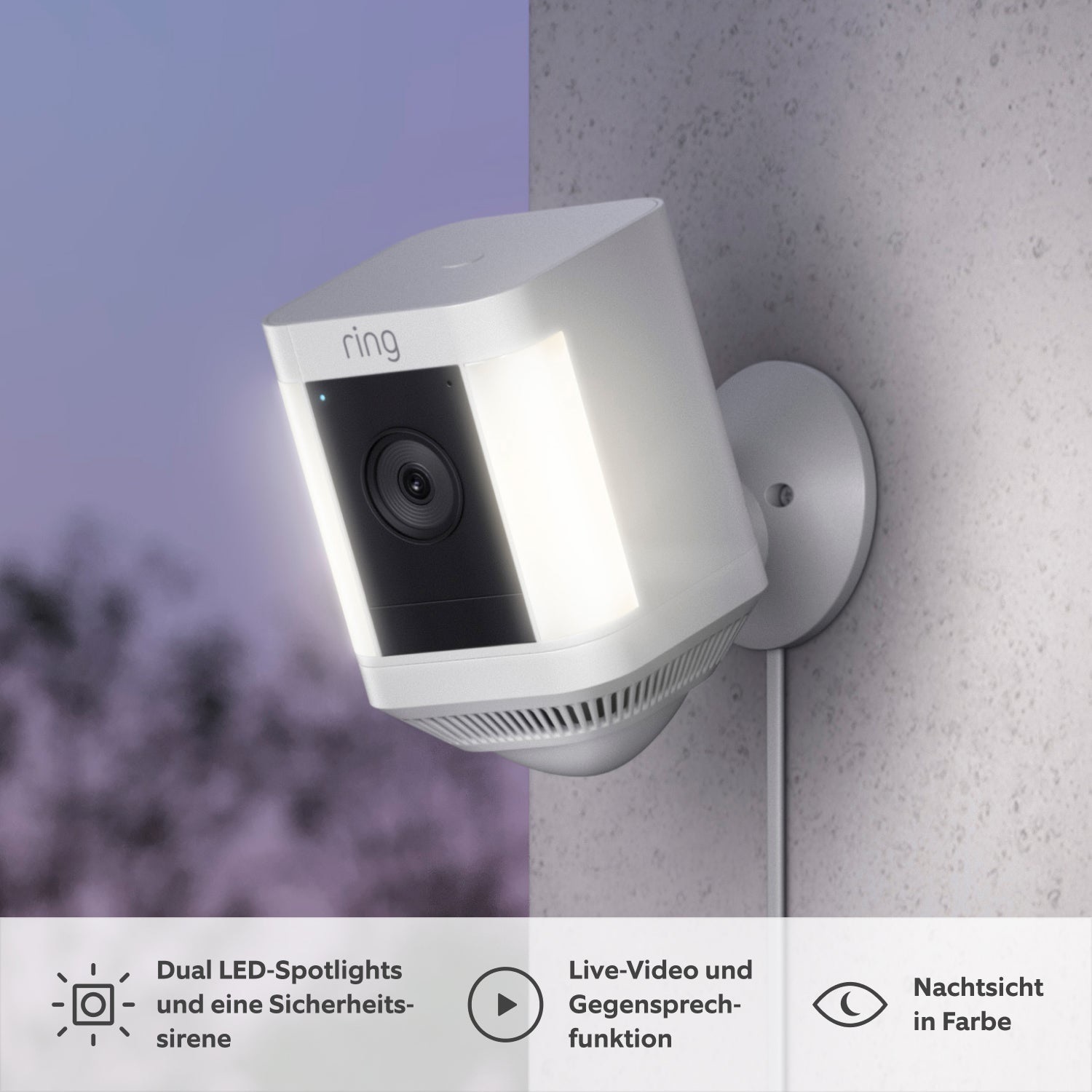 Ring Spotlight Cam Plus Plug-In - Telecamera di sorveglianza Wi-Fi per esterno, 1080p, audio, resistente agli agenti atmosferici, colore giorno e notte