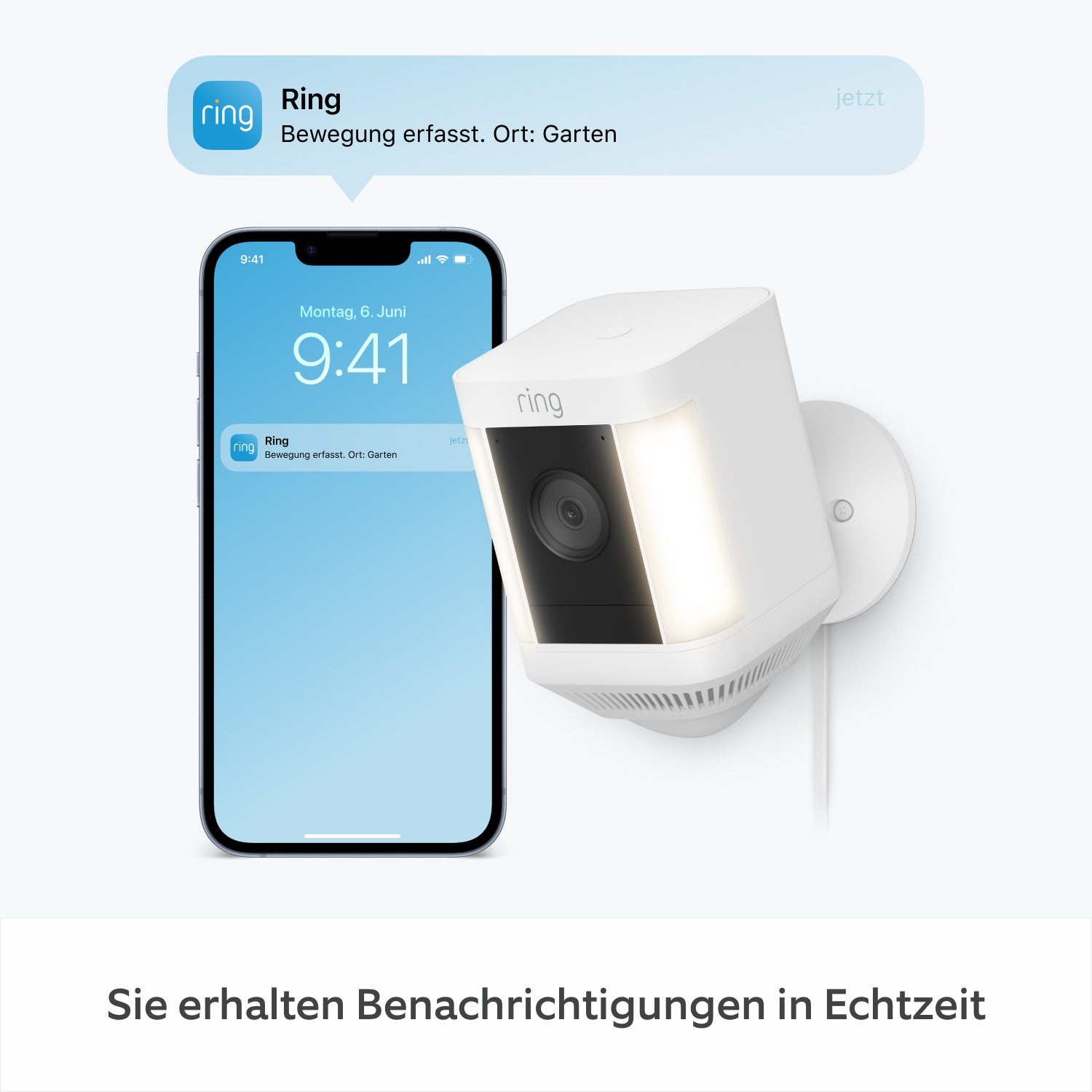 Ring Spotlight Cam Plus Plug-In - Telecamera di sorveglianza Wi-Fi per esterno, 1080p, audio, resistente agli agenti atmosferici, colore giorno e notte
