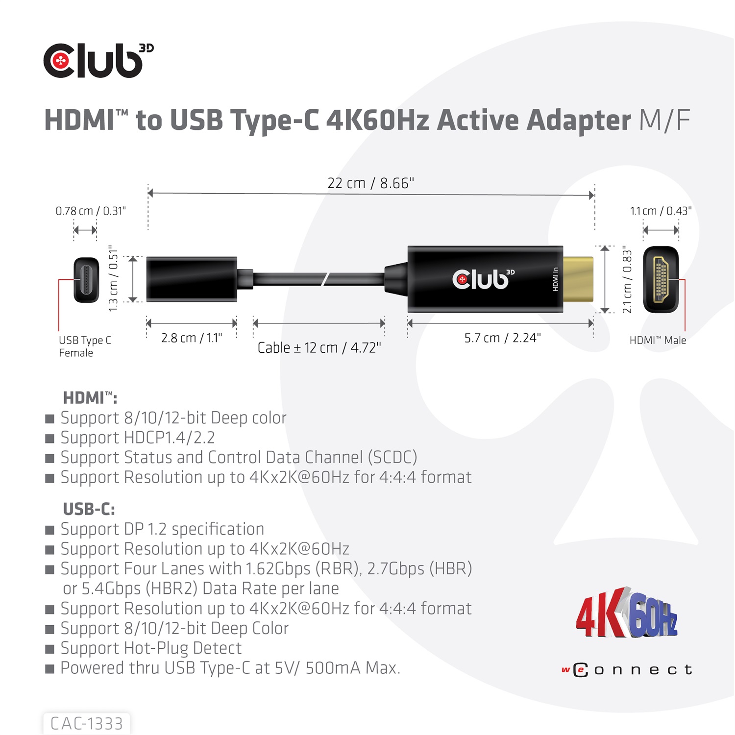 Club 3D Adattatore Attivo HDMI a USB Type-C 4K 60Hz 0,22 m con Supporto Audio HBR