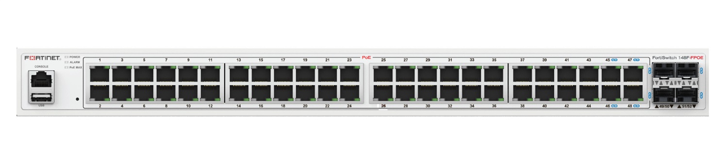 Fortinet FS-148F-FPOE Switch di Rete L2 con 48 Porte Gigabit Ethernet (10/100/1000), Supporto Power over Ethernet (PoE), Montaggio Rack 1U, 4 Porte SFP , Power Budget fino a 740W