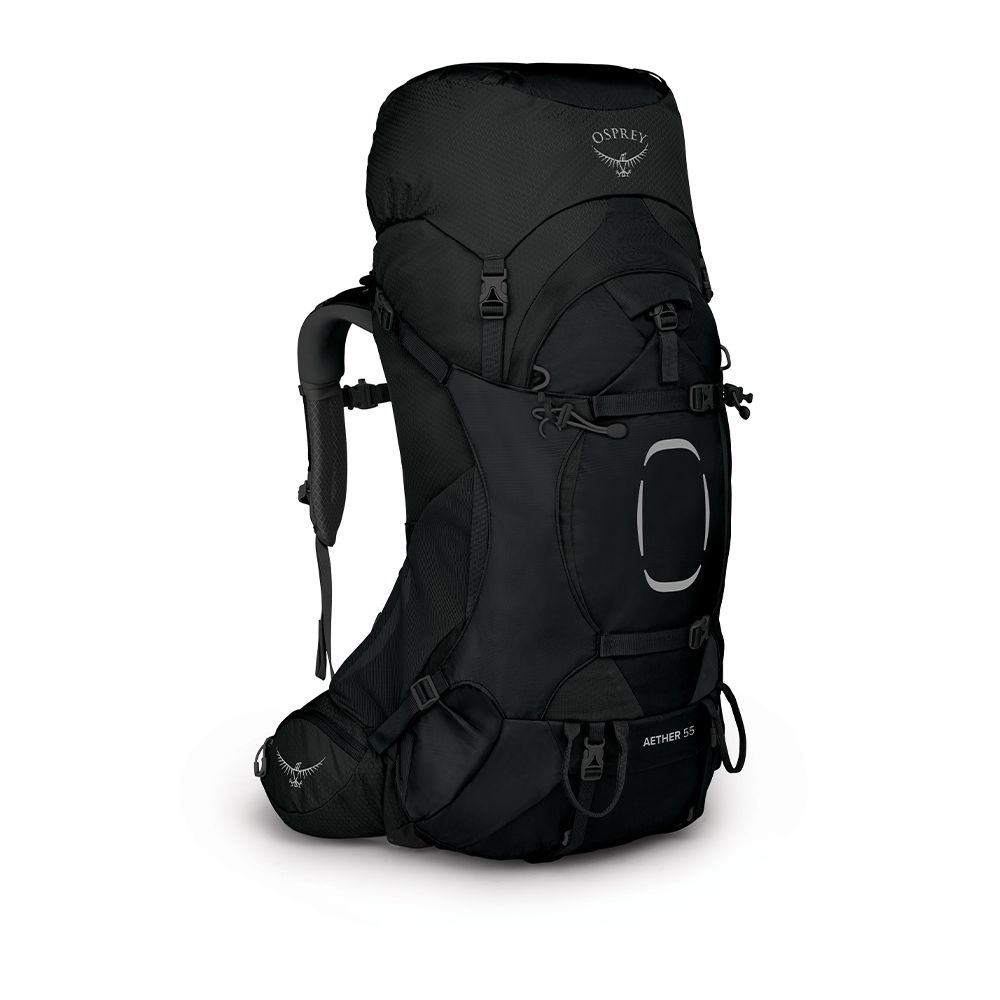 Osprey Aether 55 Zaino da Backpacking Nero - 55L, L/XL, Nylon, Schienale AirScape, Raincover Integrata