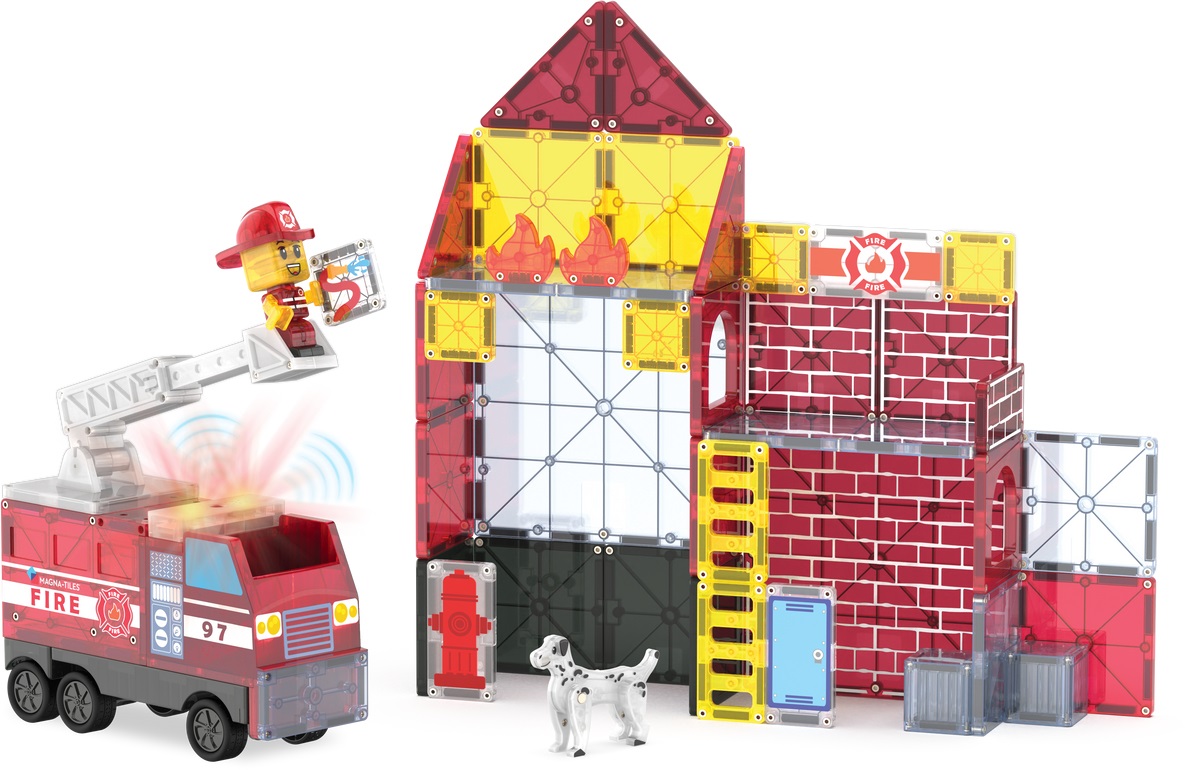 MAGNA-TILES Stazione dei Pompieri - Set di Costruzioni Magnetiche da 50 Pezzi con Figura e Accessori