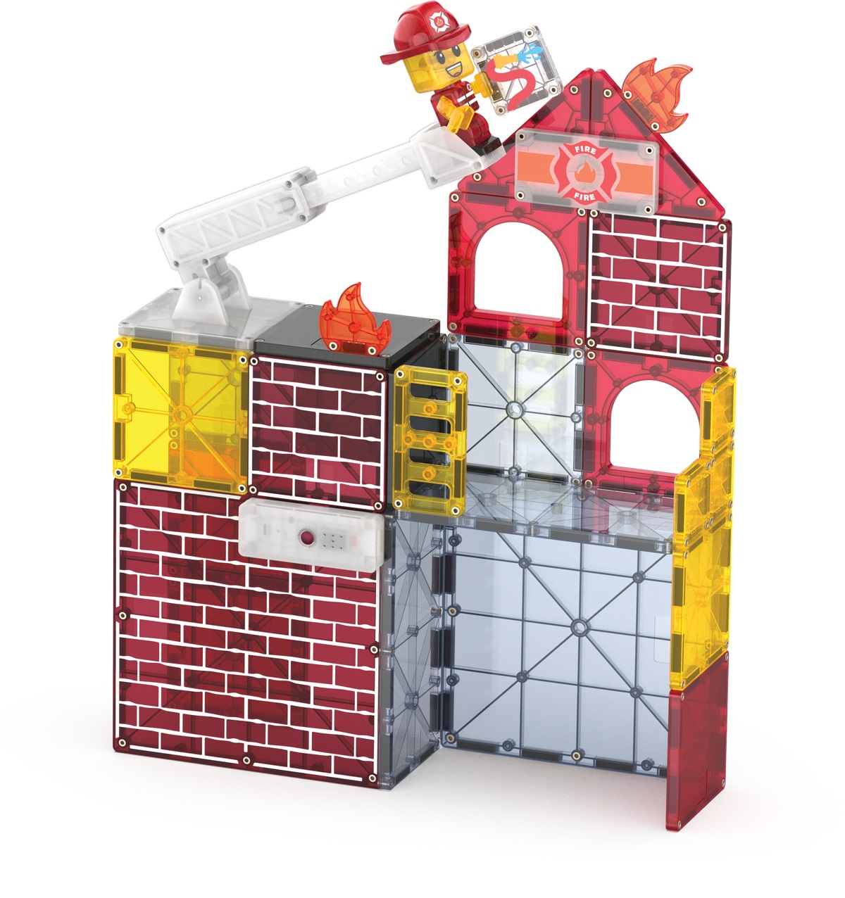 MAGNA-TILES Stazione dei Pompieri - Set di Costruzioni Magnetiche da 50 Pezzi con Figura e Accessori