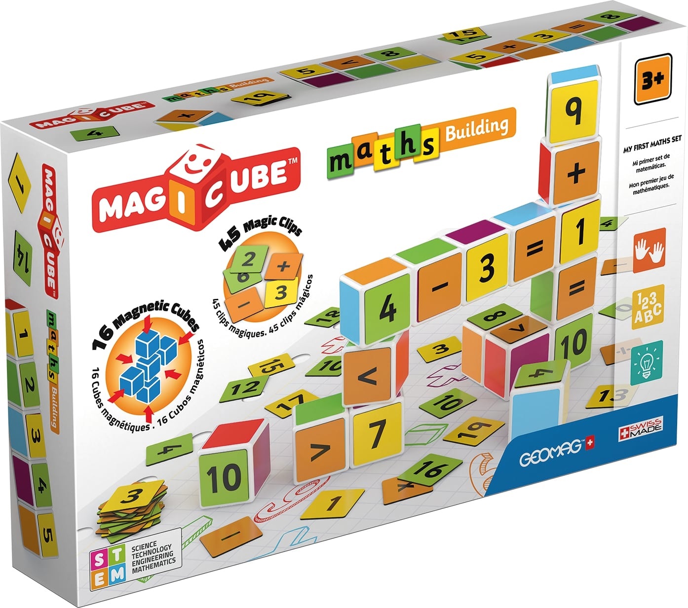 Geomag MagiCube GM083 - Giocattolo Educativo con 16 Cubi Magnetici e 45 Clip per Apprendimento Matematico - Educazione Montessori dai 3 Anni