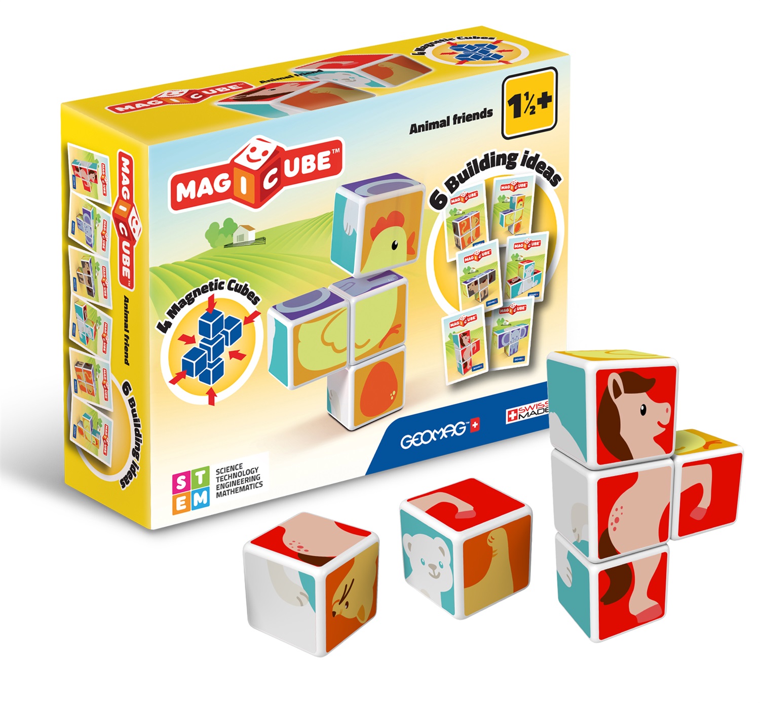 Geomag Magicube 132 - Gioco di costruzione magnetico Animal Friends con 4 cubetti e 3 cards