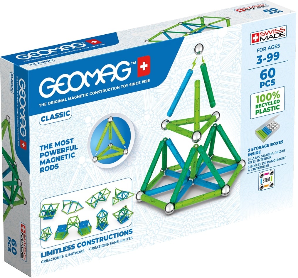 Geomag Classic - Set di Costruzioni Magnetiche Green Line da 60 Pezzi in Plastica Riciclata