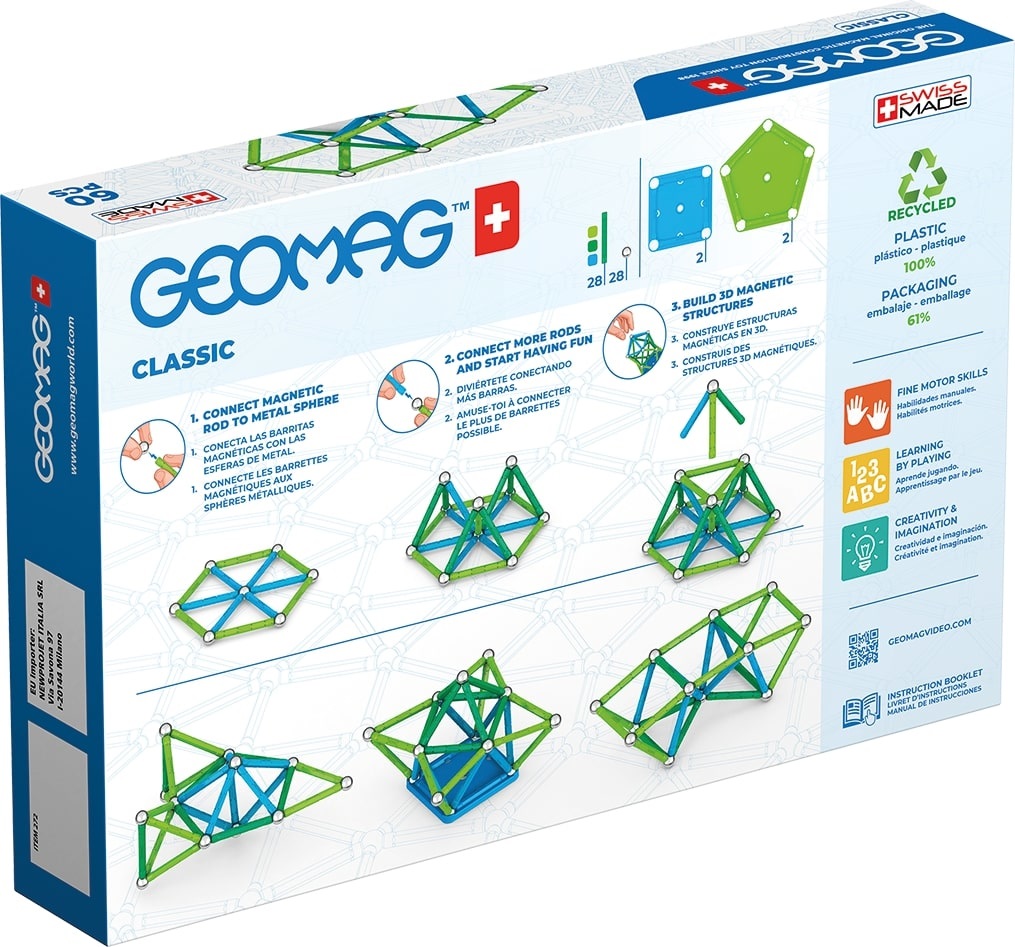 Geomag Classic - Set di Costruzioni Magnetiche Green Line da 60 Pezzi in Plastica Riciclata