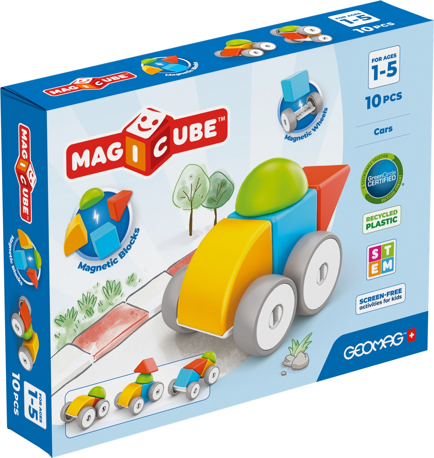 Geomag Magicube 308 - Set di 10 Blocchi Magnetici in Plastica Riciclata per Costruire Veicoli Colorati