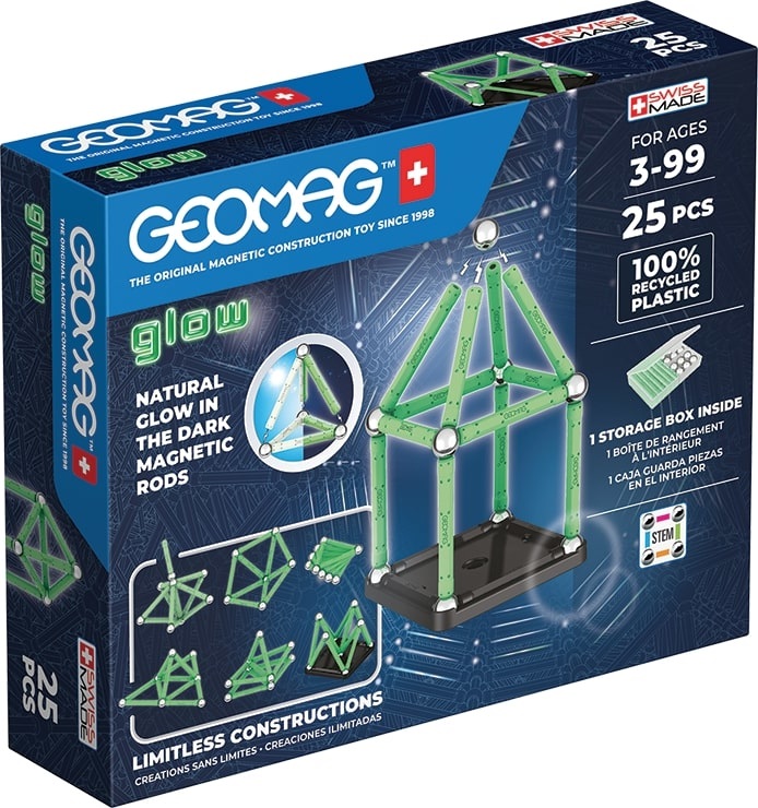 Geomag 328 Glow Recycled - Giocattolo da costruzione con 25 pezzi in materiale riciclato e bacchette magnetiche che brillano
