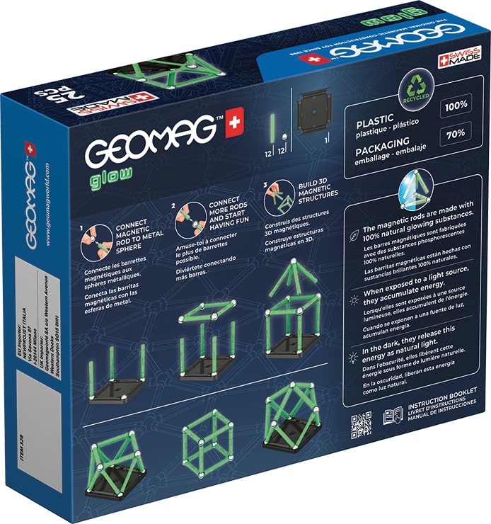 Geomag 328 Glow Recycled - Giocattolo da costruzione con 25 pezzi in materiale riciclato e bacchette magnetiche che brillano