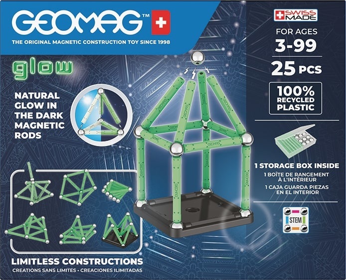 Geomag 328 Glow Recycled - Giocattolo da costruzione con 25 pezzi in materiale riciclato e bacchette magnetiche che brillano