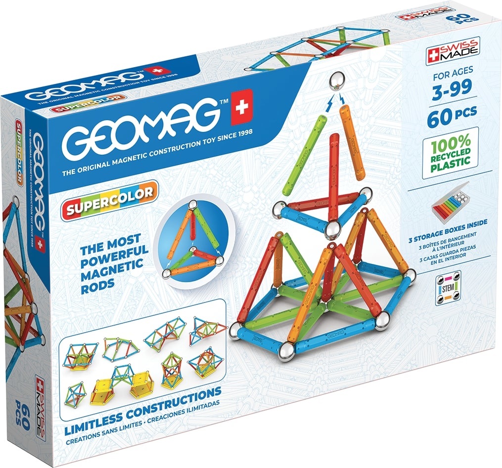 Geomag Supercolor Recycled - Giocattolo di costruzione con 60 pezzi e magneti al neodimio, adatto dai 3 anni