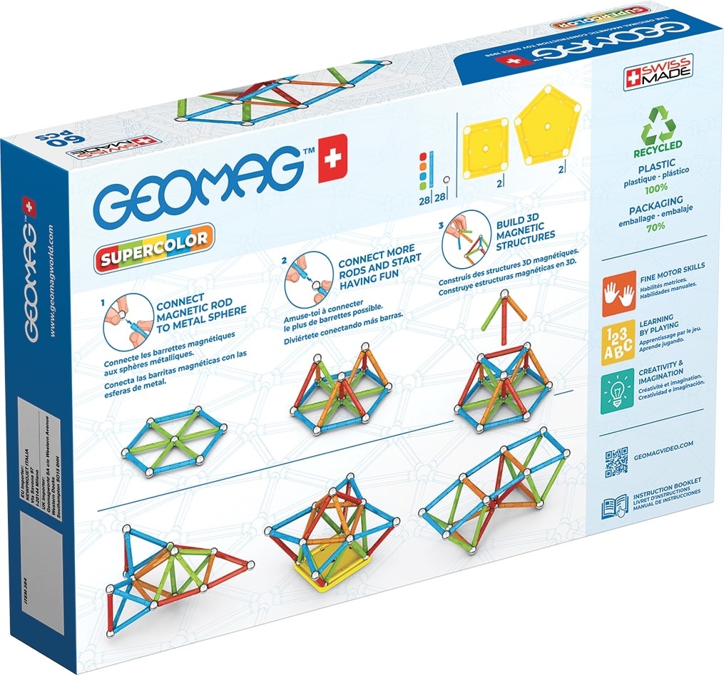 Geomag Supercolor Recycled - Giocattolo di costruzione con 60 pezzi e magneti al neodimio, adatto dai 3 anni