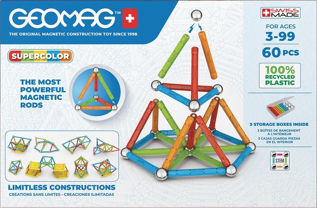 Geomag Supercolor Recycled - Giocattolo di costruzione con 60 pezzi e magneti al neodimio, adatto dai 3 anni