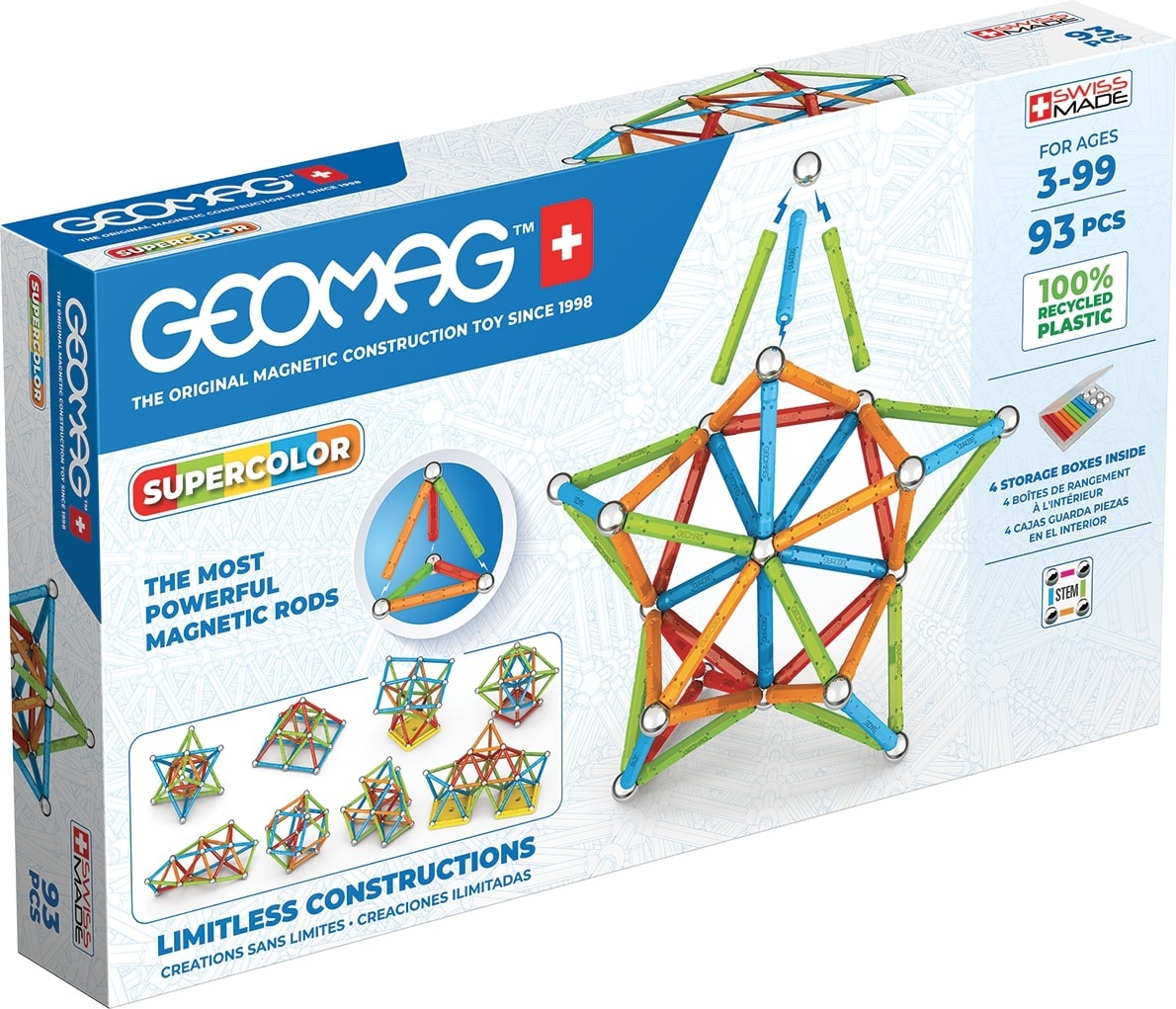 Geomag Supercolor - Set di Costruzioni Magnetiche da 93 Pezzi, Modulare e Swiss Made, per Età 3