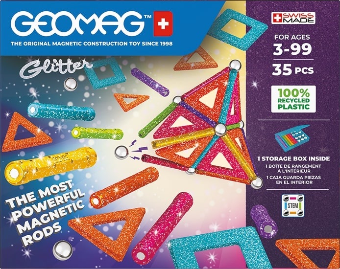 Geomag Glitter Panels Recycled - Costruzioni Magnetiche Scintillanti e Colorate, 35 Pezzi in Plastica 100% Riciclata
