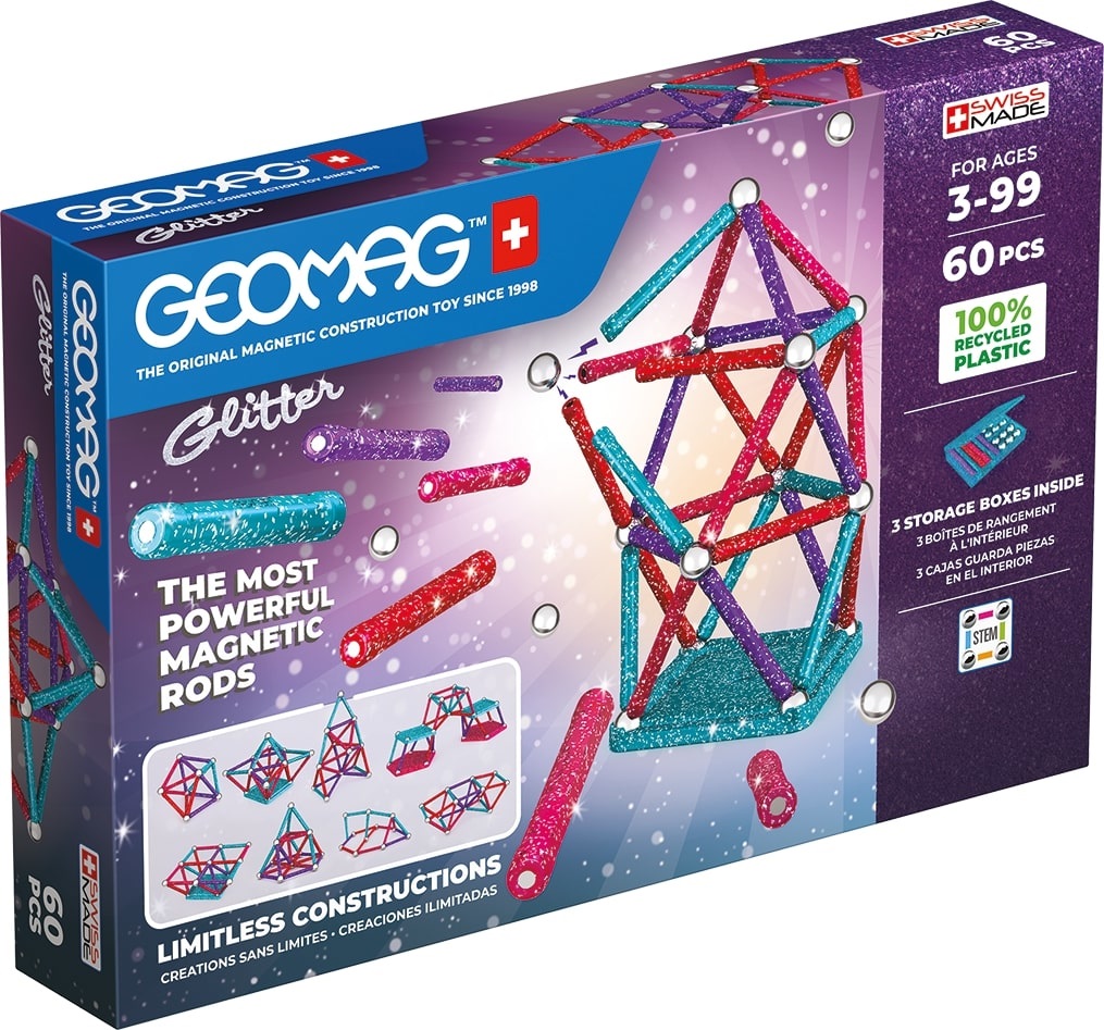 Geomag Glitter Recycled - Gioco di Costruzione Magnetico da 60 Pezzi per Bambini dai 3 Anni in Su