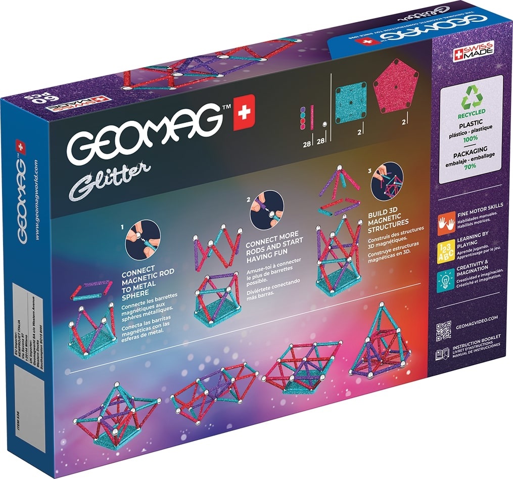 Geomag Glitter Recycled - Gioco di Costruzione Magnetico da 60 Pezzi per Bambini dai 3 Anni in Su