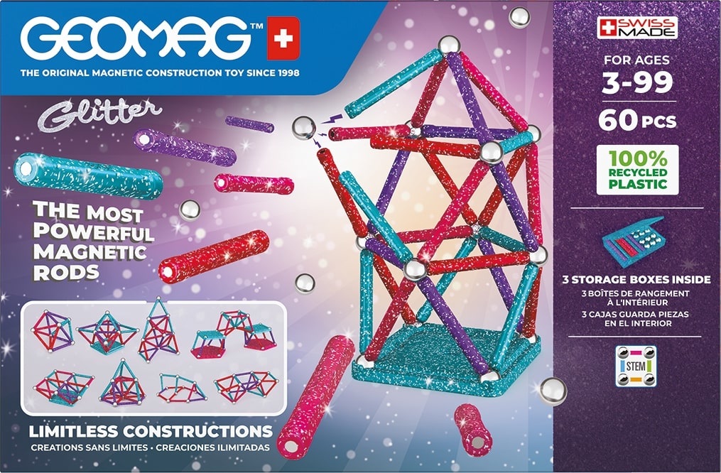 Geomag Glitter Recycled - Gioco di Costruzione Magnetico da 60 Pezzi per Bambini dai 3 Anni in Su
