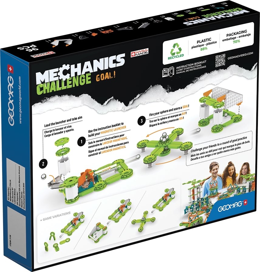 Geomag - Mechanics Challenge Goal! Gioco Educativo e Creativo con 96 Pezzi di Costruzioni Magnetiche e Cannone Magnetico