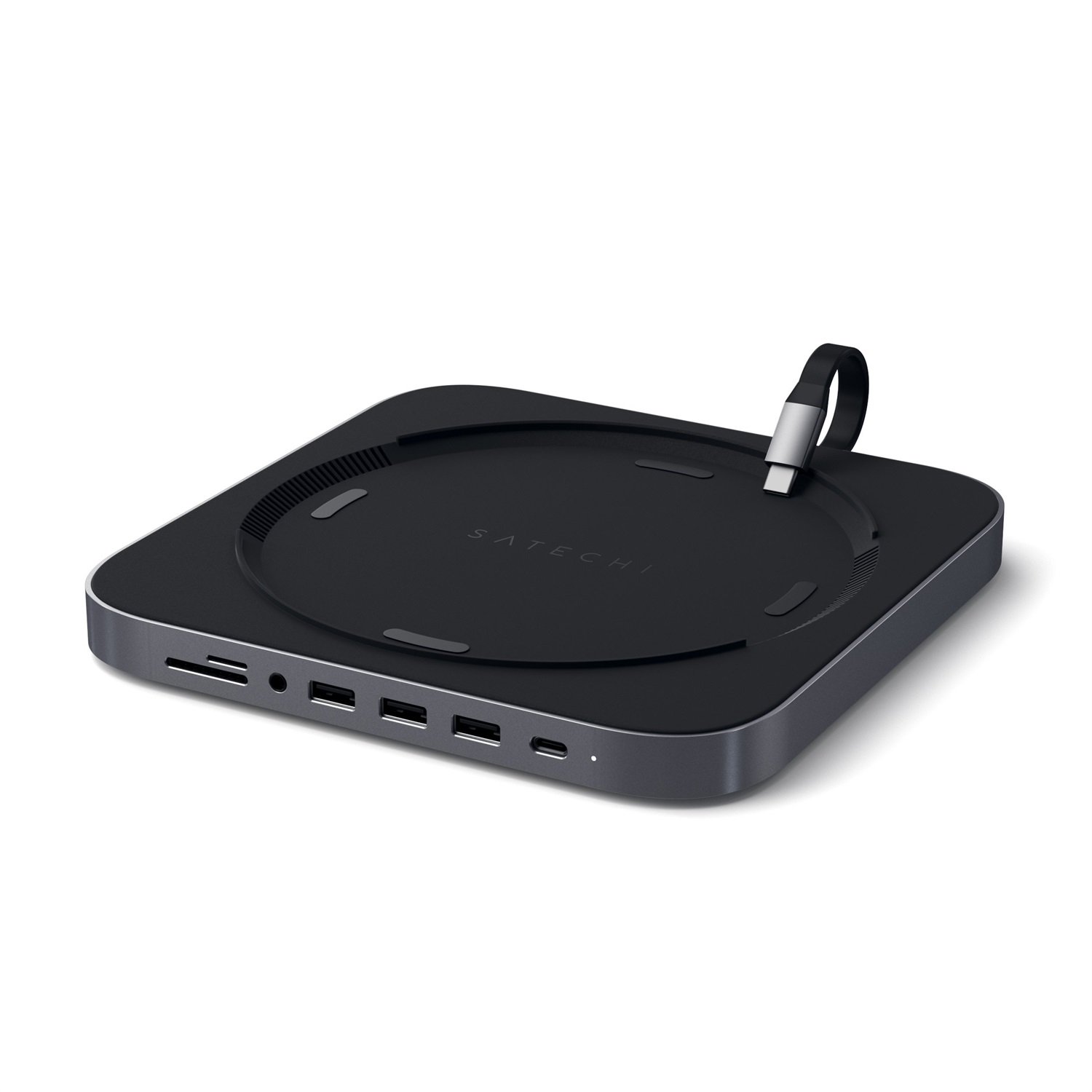 Satechi USB-C Hub e Supporto in Alluminio - 6 in 1 con Porta USB-C, Lettore Micro/SD, 3 Porte USB 3.0 e Jack Cuffie - Compatibile con Mac Mini M2/M1 e Mac Studio (Grigio Siderale)