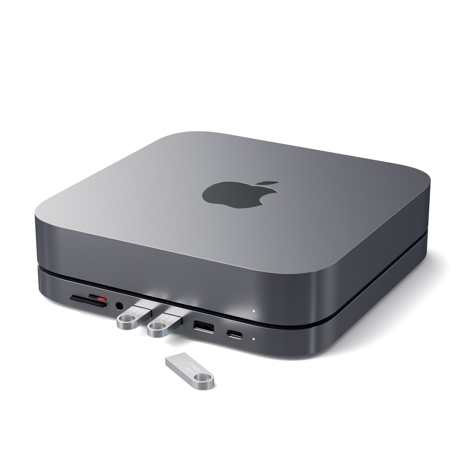 Satechi USB-C Hub e Supporto in Alluminio - 6 in 1 con Porta USB-C, Lettore Micro/SD, 3 Porte USB 3.0 e Jack Cuffie - Compatibile con Mac Mini M2/M1 e Mac Studio (Grigio Siderale)