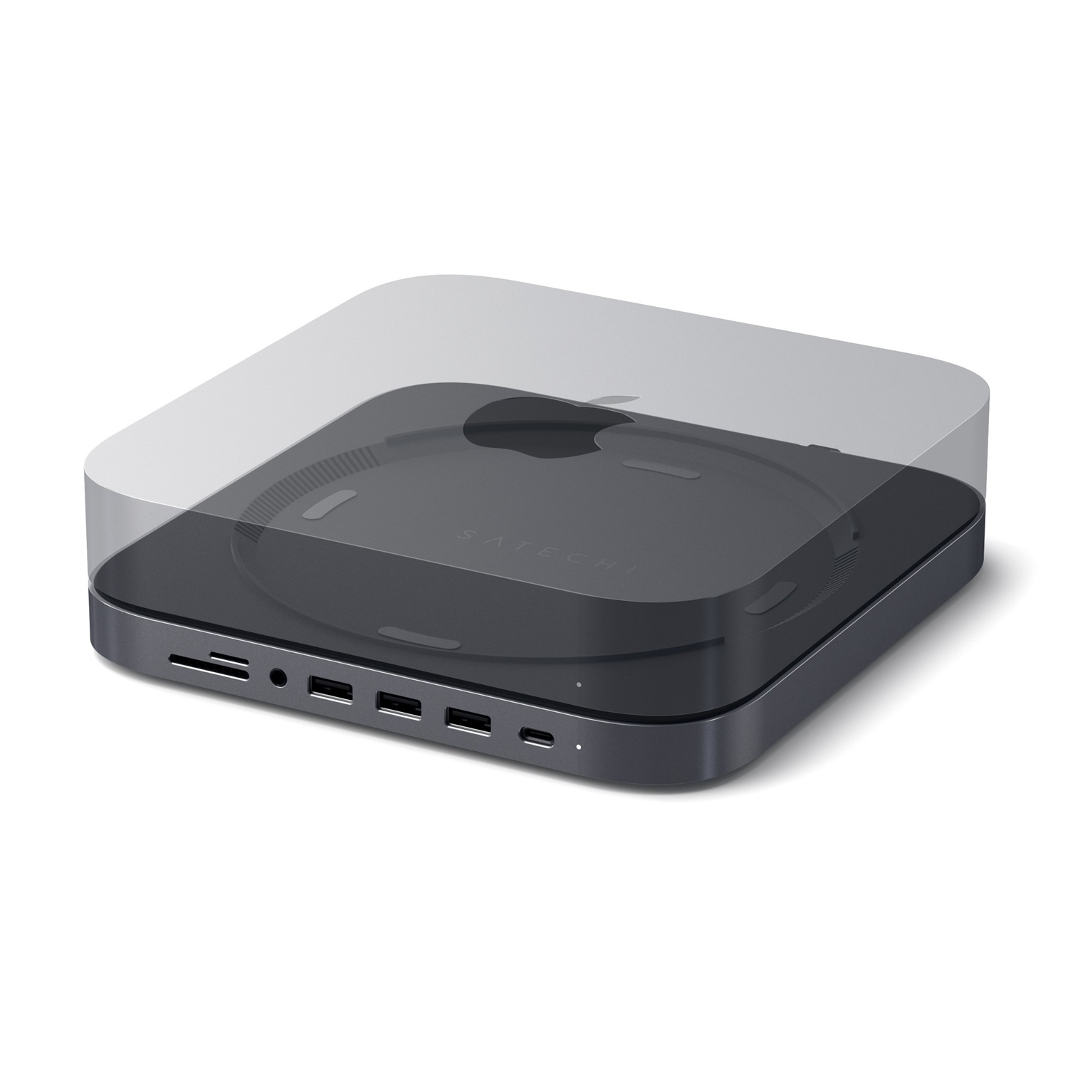 Satechi USB-C Hub e Supporto in Alluminio - 6 in 1 con Porta USB-C, Lettore Micro/SD, 3 Porte USB 3.0 e Jack Cuffie - Compatibile con Mac Mini M2/M1 e Mac Studio (Grigio Siderale)