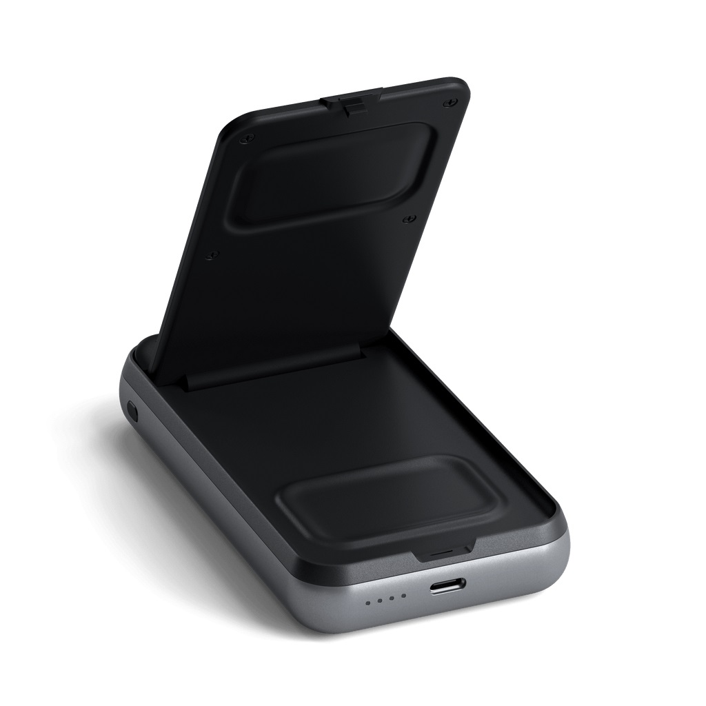Satechi Duo Wireless Charger Stand & Power Bank 10000 mAh - Caricabatterie portatile 3 in 1 per iPhone, AirPods e iPad - Ricarica rapida fino a 10 W - Grigio