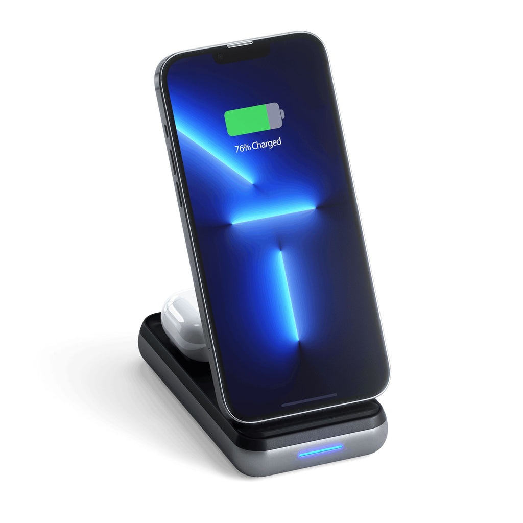 Satechi Duo Wireless Charger Stand & Power Bank 10000 mAh - Caricabatterie portatile 3 in 1 per iPhone, AirPods e iPad - Ricarica rapida fino a 10 W - Grigio