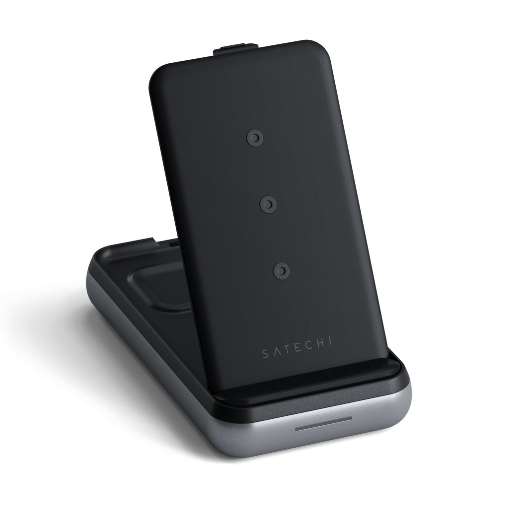 Satechi Duo Wireless Charger Stand & Power Bank 10000 mAh - Caricabatterie portatile 3 in 1 per iPhone, AirPods e iPad - Ricarica rapida fino a 10 W - Grigio