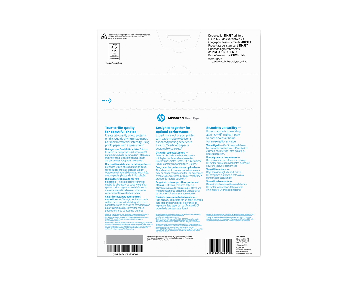 HP Carta fotografica Advanced, lucida, 250 g/m², A4 (210 x 297 mm), 25 fogli - Qualità professionale con colori saturi e asciugatura rapida