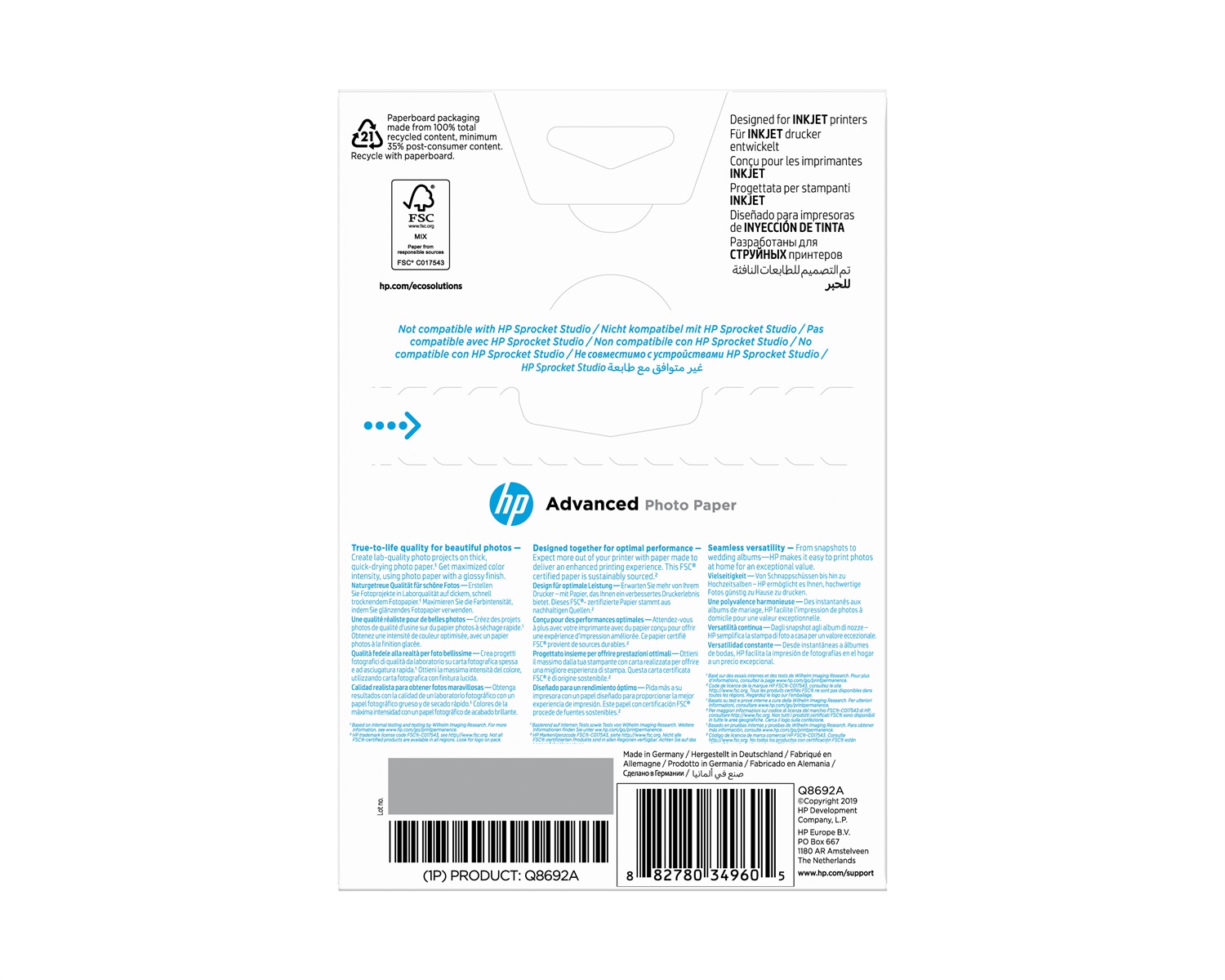 HP Carta Fotografica Advanced Lucida, 250 g/m², 10 x 15 cm (senza margini), Confezione da 100 fogli