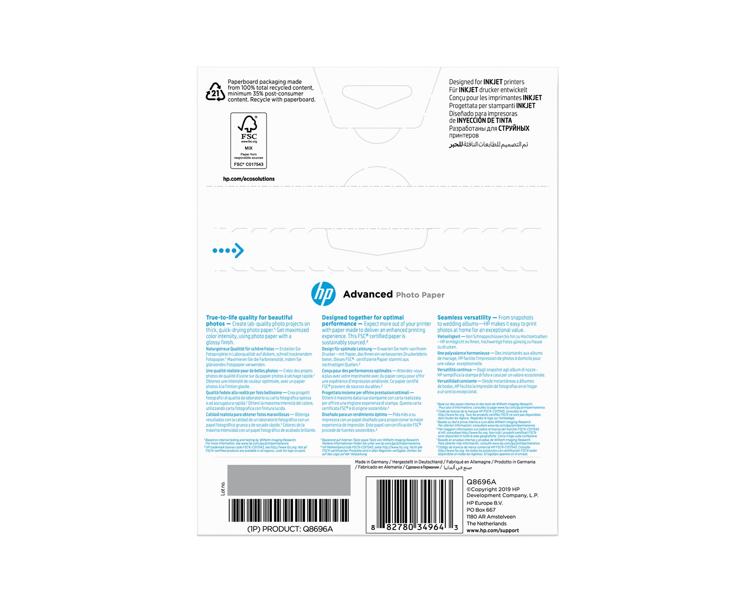 HP Carta fotografica Advanced, Lucida, 250 g/m², 13 x 18 cm (127 x 178 mm), 25 fogli - Qualità professionale con colori vivaci e asciugatura rapida