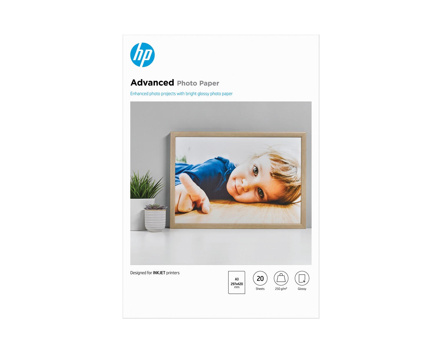 HP Carta Fotografica Advanced Q8697A, Lucida, 250 g/m2, A3 (297 x 420 mm), Confezione da 20 Fogli