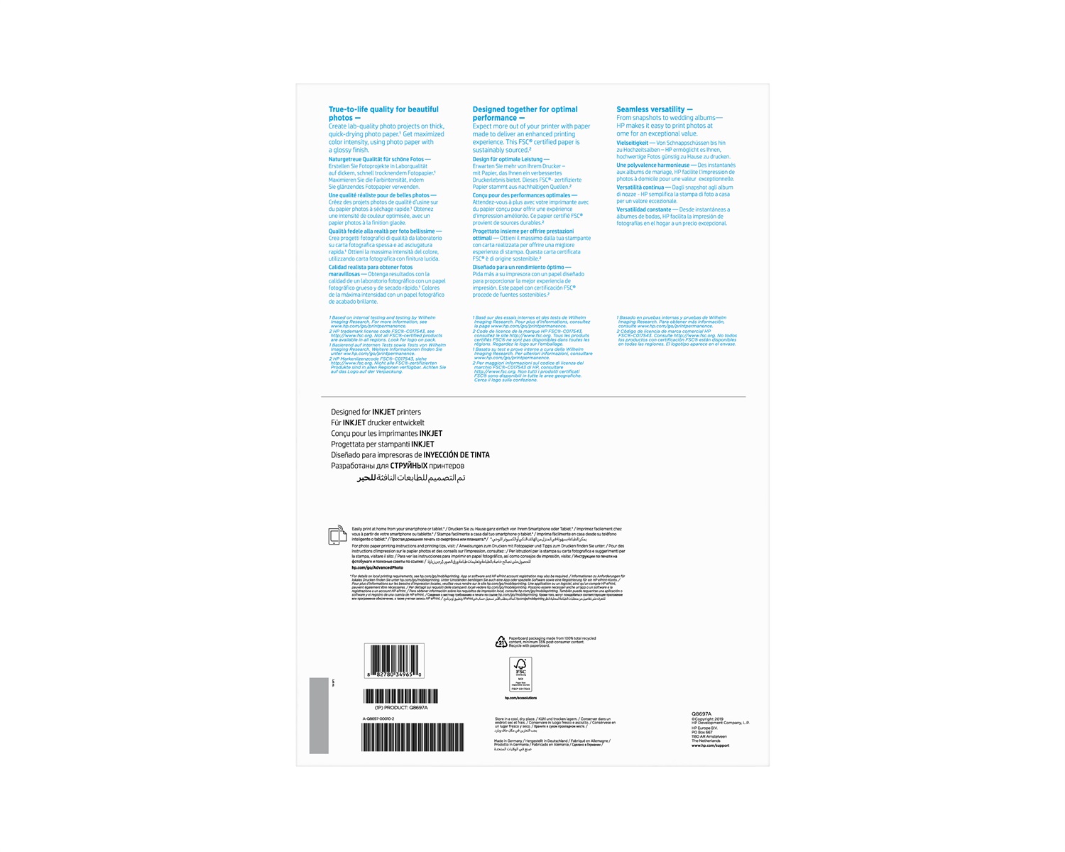 HP Carta Fotografica Advanced Q8697A, Lucida, 250 g/m2, A3 (297 x 420 mm), Confezione da 20 Fogli
